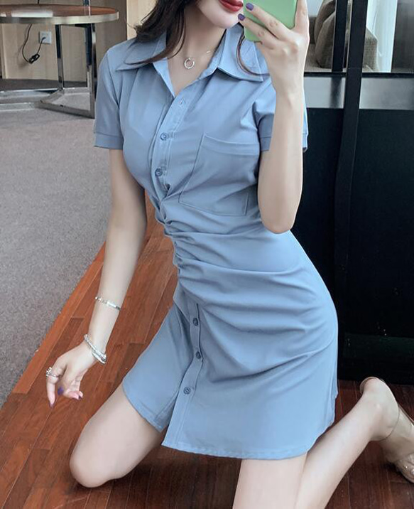 ワンピースレディース オフィス 極美品 セクシー シャツワンピ ブルー  