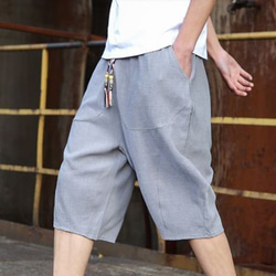 サルエルパンツ メンズ ハーフパンツ 麻 グレー ショートパンツ 7分丈