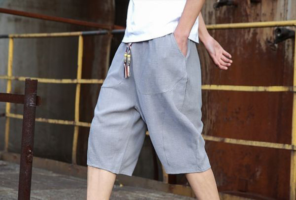サルエルパンツ メンズ ハーフパンツ 麻 グレー ショートパンツ 7分丈