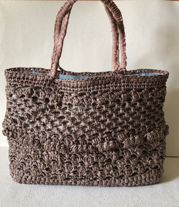帯電防止処理加工 【手編み】一点物の麻のお買物バッグ(ハンドバッグ