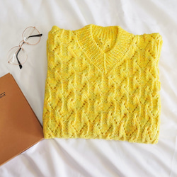 手工編織芥末黃蓬蓬袖毛衣 第1張的照片