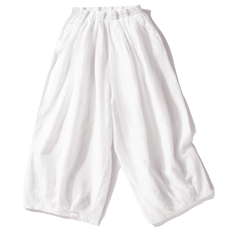 9分丈綿麻ワイドパンツ　大きいサイズゆとりパンツ　ゴムウエスト　ホワイト　＃L032WH