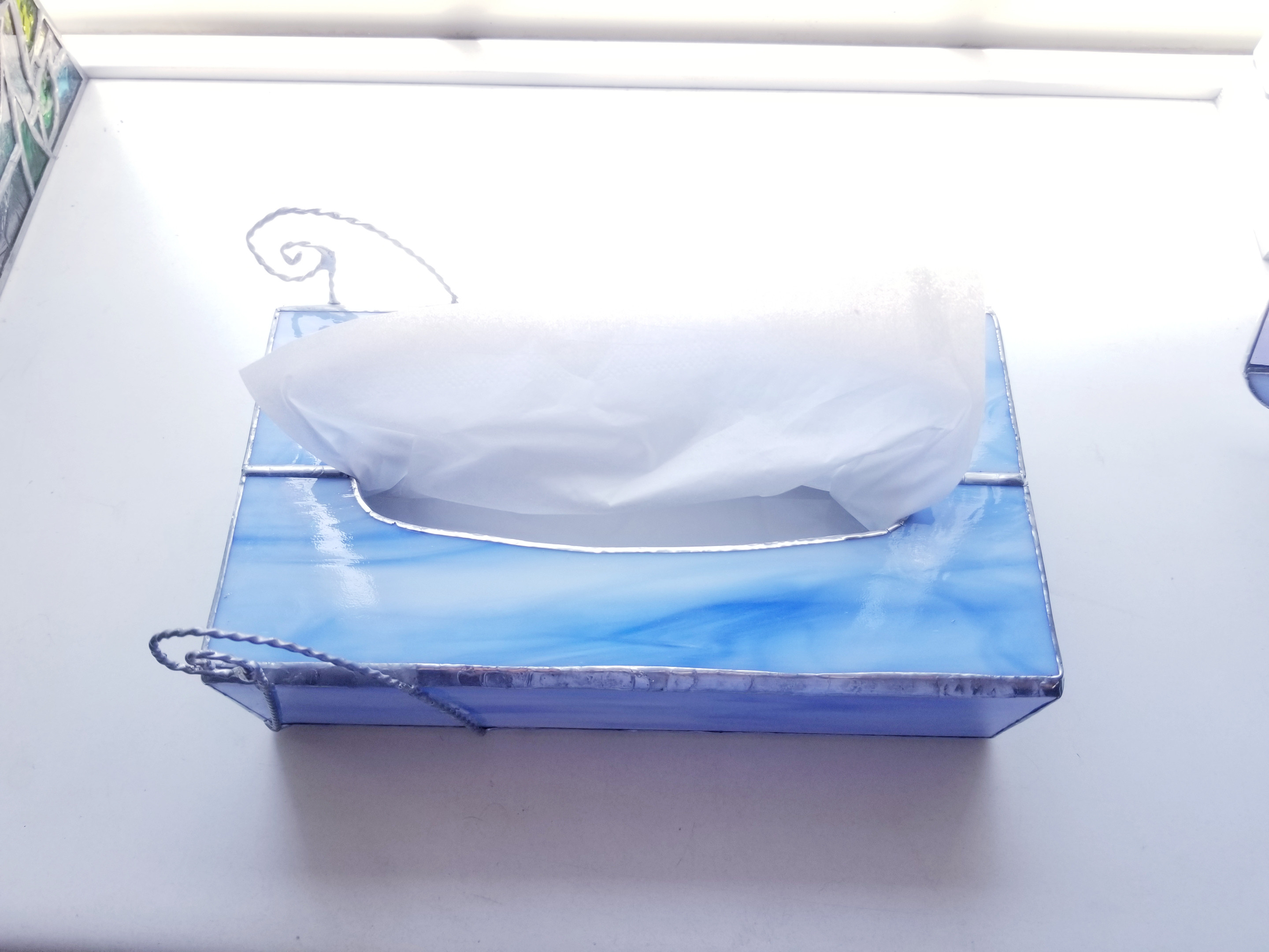 ステンドグラス　アンティーク調　ティッシュボックス(ブルー)