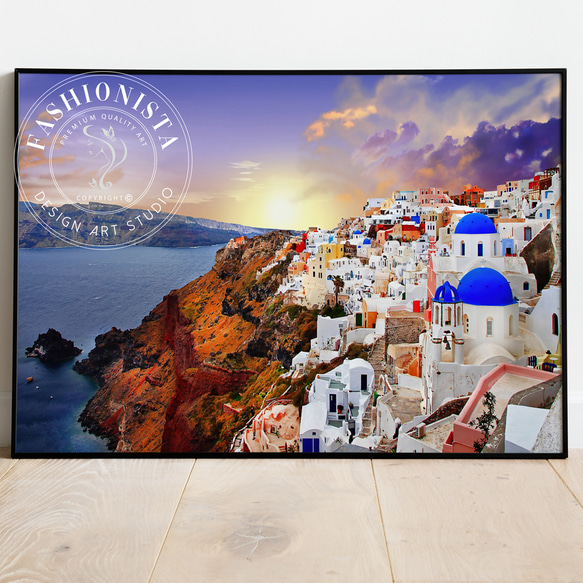 アートポスター サントリーニ島の夕日と白い街並み 地中海の絶景を彩る