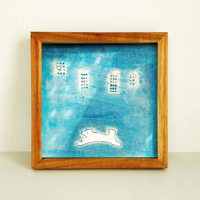 原画「夕暮れにダッシュ」 ※木製額縁入り(18×18㎝フレーム