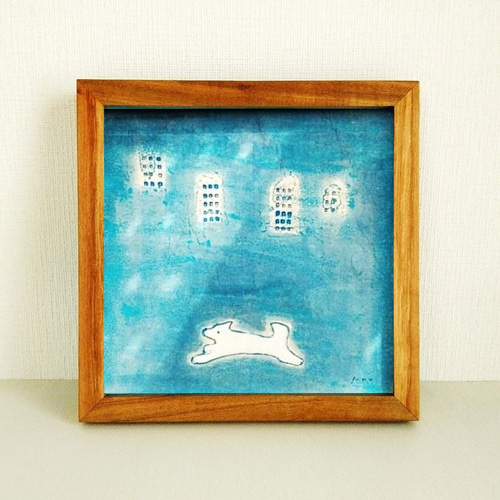 犬の絵｜原画「夕暮れにダッシュ」 ※木製額縁入り (18×18㎝フレーム