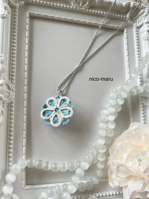 優しい彩りネックレス ❇︎ Daisy ❇︎ sky blue & white 《タティングレース◇キャッツアイ》 7枚目の画像