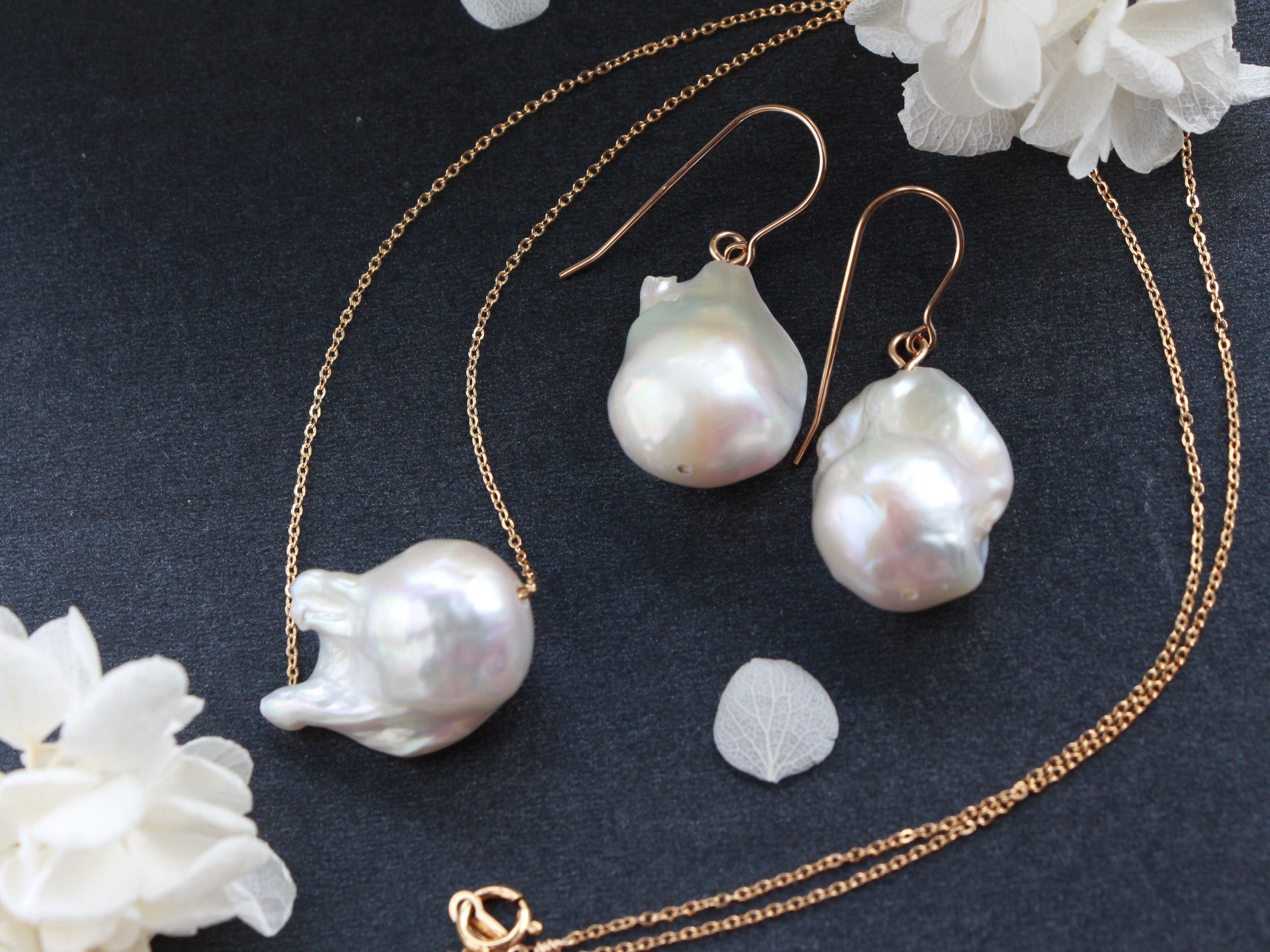 14kgf-大粒ファイヤーボールパール ピアス/イヤリング ネックレス セット