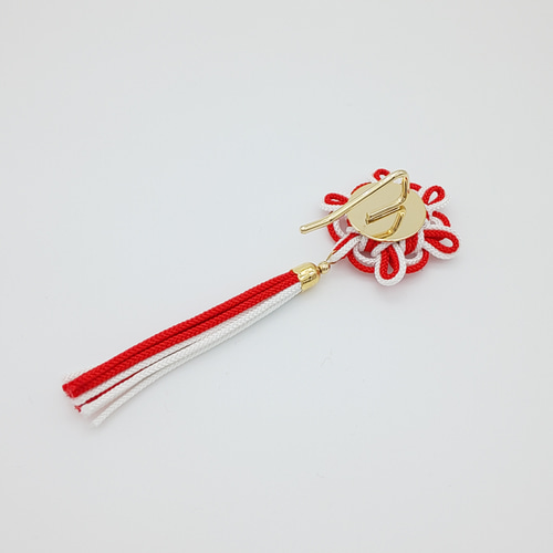 八重菊結びのタッセルポニーフック（赤・レッド×白・ホワイト） 和風
