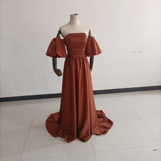テラコッタ色カラードレス ベアトップ スレンダーライン パフスリーブ オフショル トレーンタイプ/音楽会 発表会