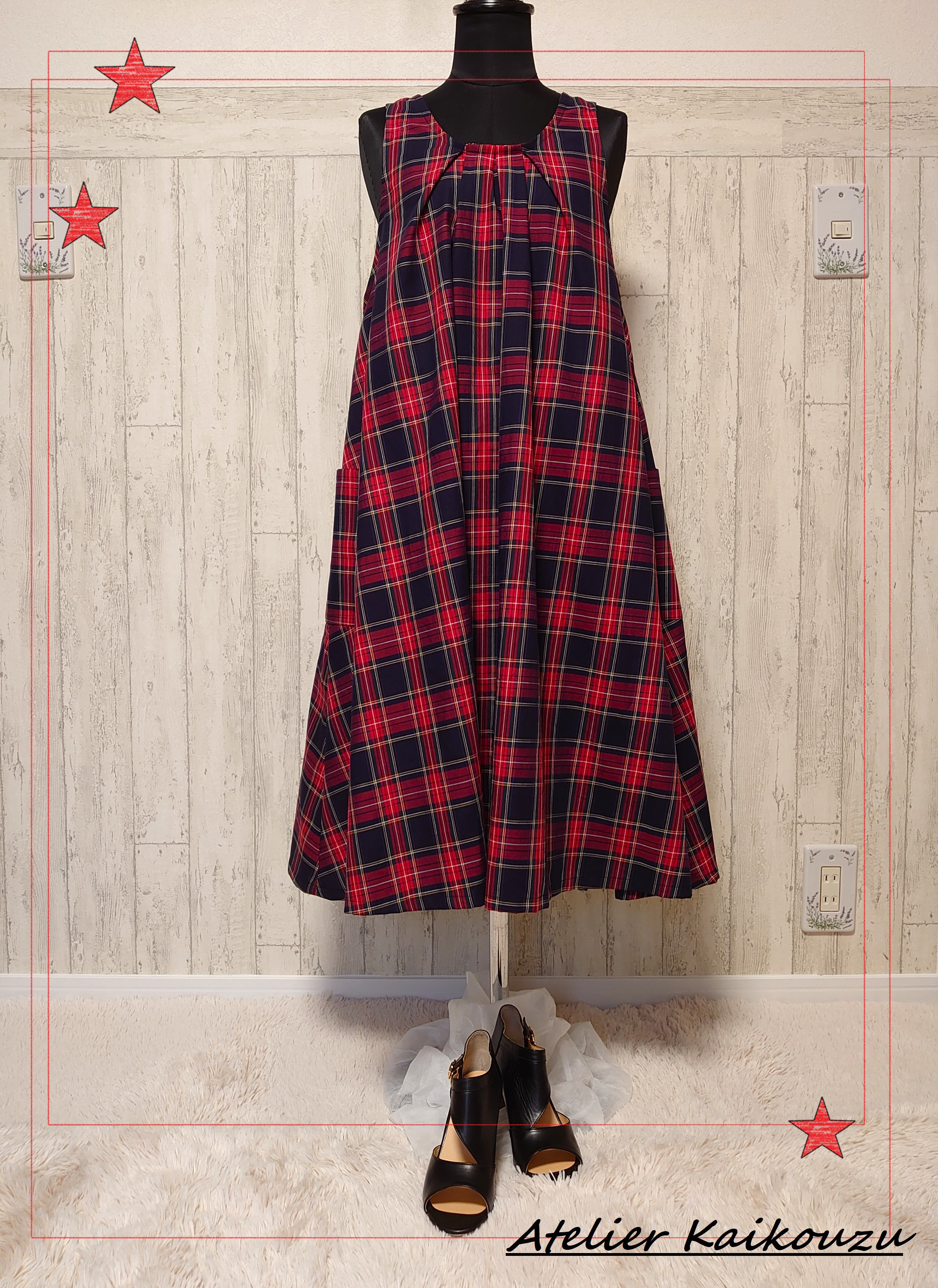 アカデミックなチェック柄/Aラインワンピース/綿100％/春夏秋/ロング丈