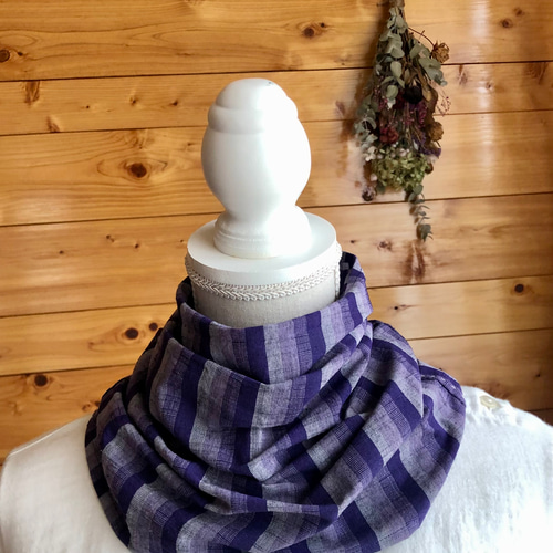 一点物！》会津木綿ネックウォーマーL【紫ミックス太縞】 ネック