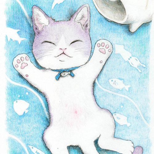【merさま】ねこイラストのポストカードセット★ お月見ねこさんイラストポストカード・5枚セット ポストカード
