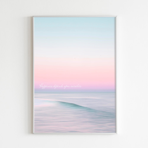 激カワ ピンクの夕日 アート ポスター 波 シンプル モダン 大人アート