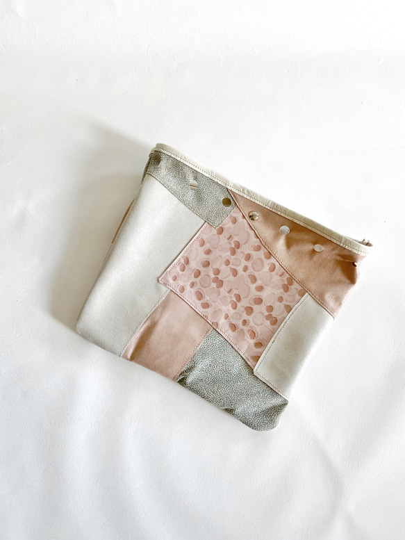 【一点物再販無し】ラージサイズ 巾着バッグ 本革 パッチワーク       シープ キラキラ シルバー ピンク 3枚目の画像