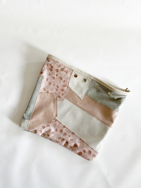 【一点物再販無し】ラージサイズ 巾着バッグ 本革 パッチワーク       シープ キラキラ シルバー ピンク 2枚目の画像