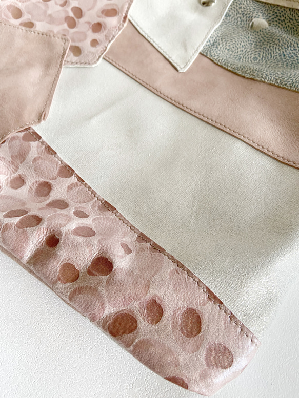 【一点物再販無し】ラージサイズ 巾着バッグ 本革 パッチワーク       シープ キラキラ シルバー ピンク 7枚目の画像