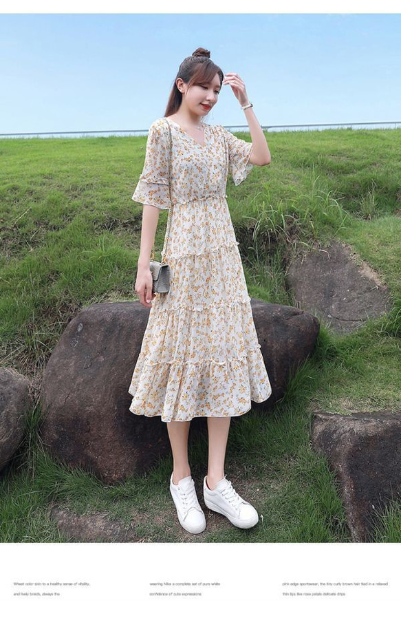 ワンピース 人気花柄 シフォンワンピース ロングワンピース 長袖