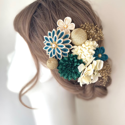 成人式 髪飾り 和装 アイボリー×グリーン つまみ細工 マム 和玉 卒業式