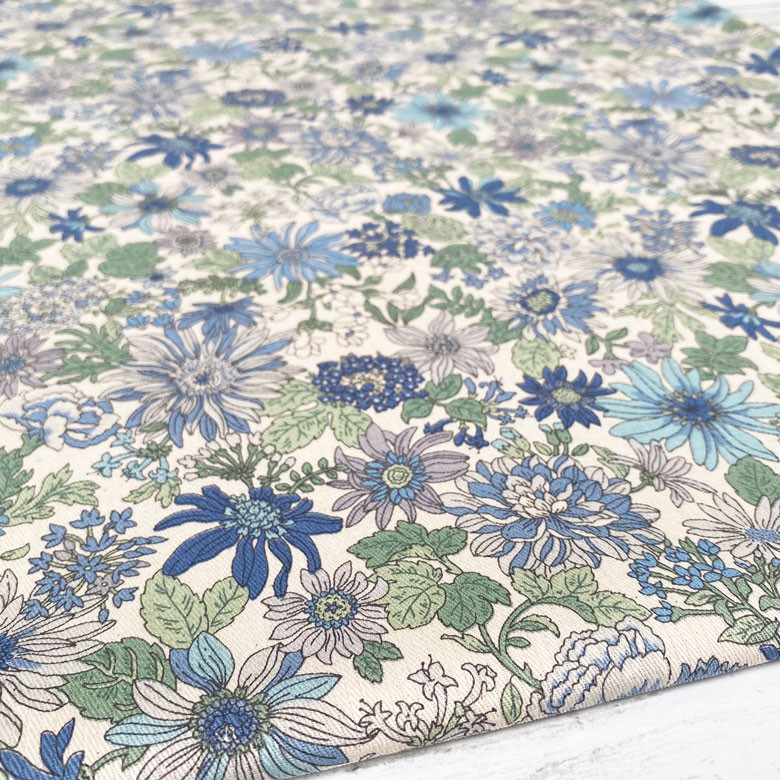 110×50 生地 花柄 フラワーアソート ストライプドビー ブルー