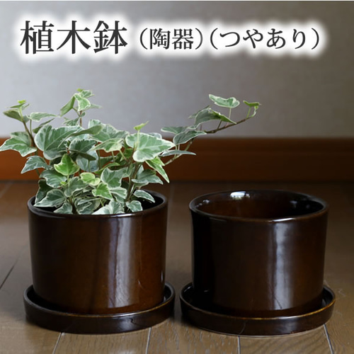 濃い茶色の陶器の植木鉢 (つやあり) (ずんどうタイプ) 一輪挿し