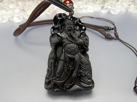 迫力オブシディアン財神関羽関帝聖君銀925パーツ天然石ネックレス 4枚目の画像