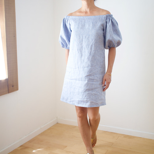 ミニ丈ワンピース ＜オフショルバルーンスリーブドレス＞ シャンブレー  