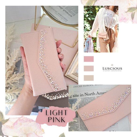 ほぼ全機種対応！スワロフスキーラインストーンデコレーション手帳型スマホケース【ライトピンク】スマホショルダーストラップ 4枚目の画像