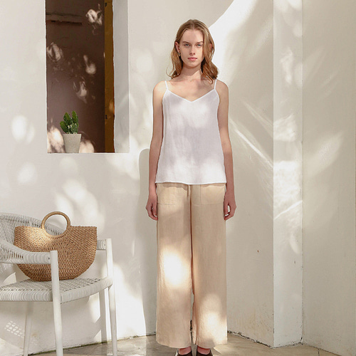 Vネック女性用リネン100%キャミソール 肩紐の長さの調節可能 白色/黒色