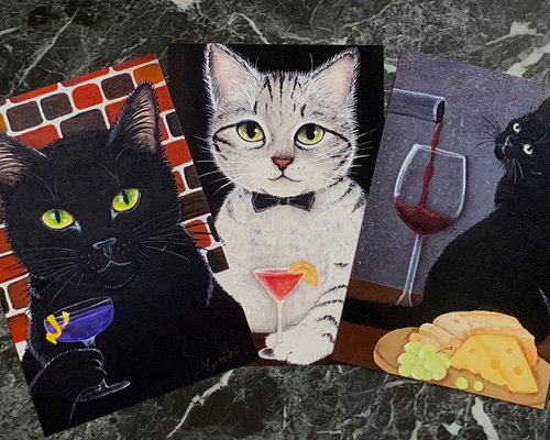 猫心ポストカード／3枚セット／カクテルとワイン ポストカード 猫心