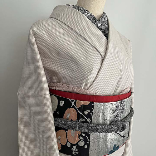 単衣 小紋 グレージュ 千鳥 水鳥
