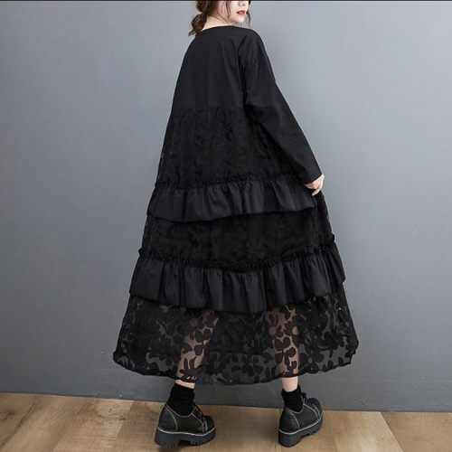 ゆったり可愛い】切り替えフリル オシャレ 長袖 ロングワンピース 黒