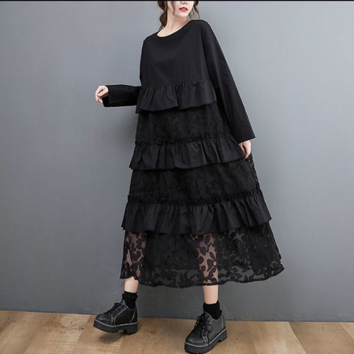 ゆったり可愛い】切り替えフリル オシャレ 長袖 ロングワンピース 黒 