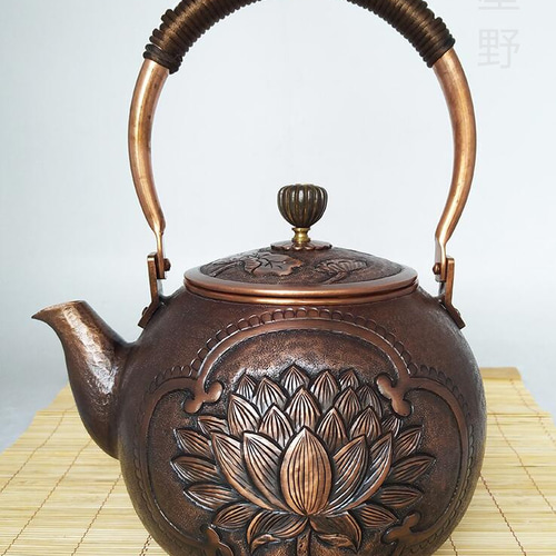 手作り☆ 純紫銅製 銅器 鍛造 丸形 銅瓶 蓮紋 提梁壺 茶道具 煎茶道具