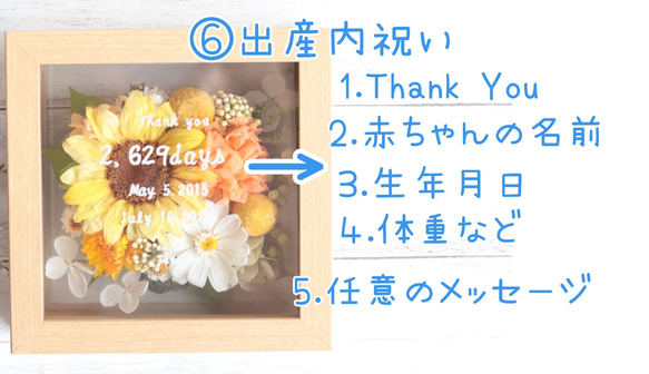 【子育て感謝状に♪選べるメッセージ】向日葵(ひまわり)ブーケの木製ガラスフレーム＊プリザーブドフラワー 20枚目の画像