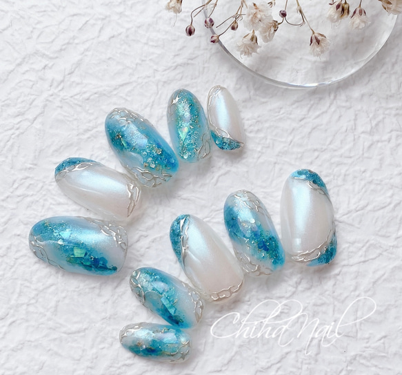 ネイルチップ ブルー ニュアンス シルバー 青 オーダーネイル 大人 キラキラ ネイルチップ ブルー ニュアンス シルバー 青 オーダーネイル