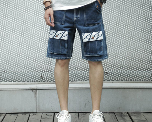 盛夏 パッチワーク 13OZデニム 綿100% ワイドパンツ ハーフパンツ