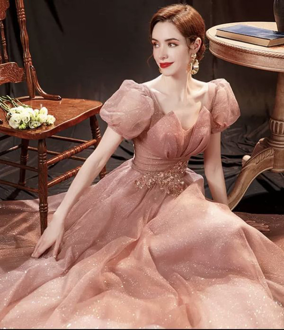 【エンジェルウェディングドレス】ピンク　花嫁　ウェディング　トーストドレス　宴会年次総会公演　ウェディングイブニングドレ 4枚目の画像
