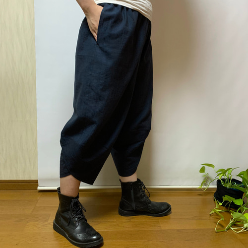 綿麻＊濃紺楊柳サルエルパンツ＋ストール＊綿裏地付き＊着物リメイク