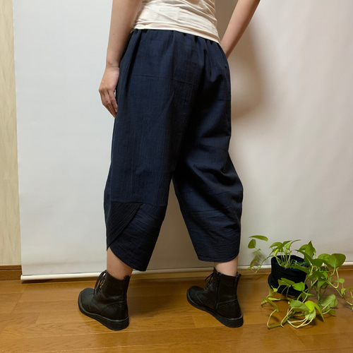 綿麻＊濃紺楊柳サルエルパンツ＋ストール＊綿裏地付き＊着物