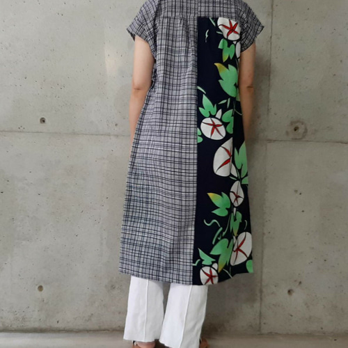 浴衣生地 フレンチスリーブワンピース MLサイズ 着物リメイク