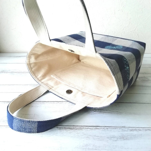 SALE☆ミナペルホネンchouchoチェック刺繍リネンのトートバッグ/navy