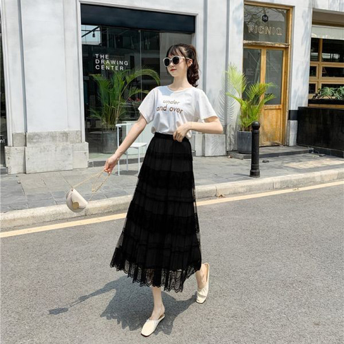 レディース ミドル丈 Aラインスカート ロングスカート レースチュール