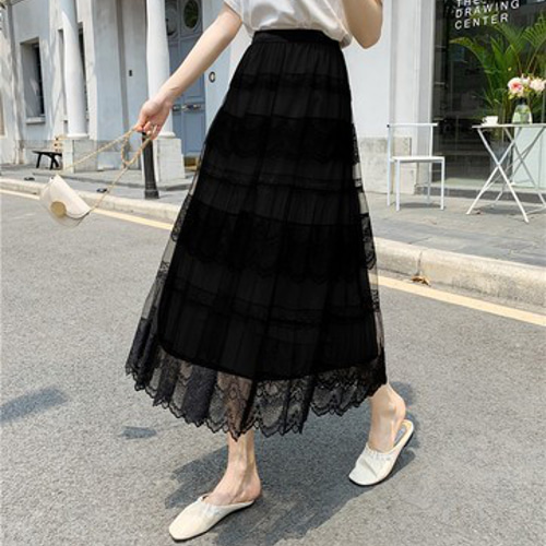 レディース ミドル丈 Aラインスカート ロングスカート レースチュール