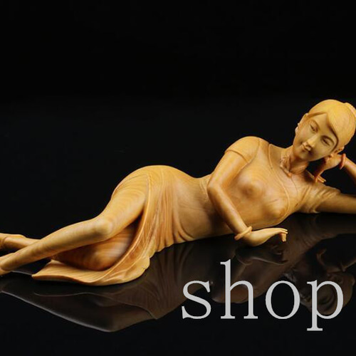 MD37【黄楊木彫り】チャイナドレス女の子置物◇美女◇女神◇ヌード◇美