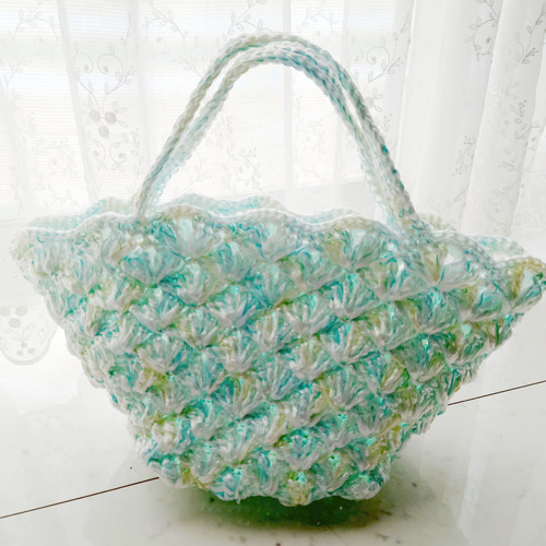 バッグ スズランテープ ブルー イエローMIX 編み 手編み 編み物 松編み