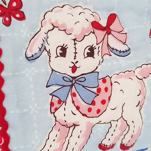 ハンドメイド ポーチ レトロアニマル 30's ブルー＆レッド ネコちゃん