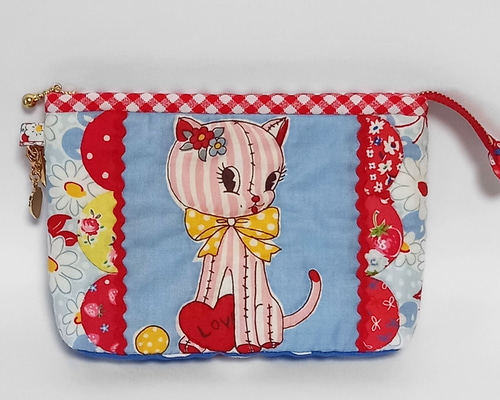 ハンドメイド ポーチ レトロアニマル 30's ブルー＆レッド ネコ