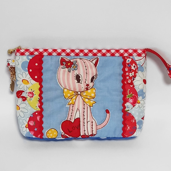 ハンドメイド ポーチ レトロアニマル 30's ブルー＆レッド ネコ