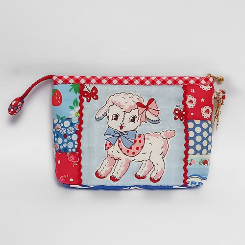 ハンドメイド ポーチ レトロアニマル 30's ブルー＆レッド ネコちゃん